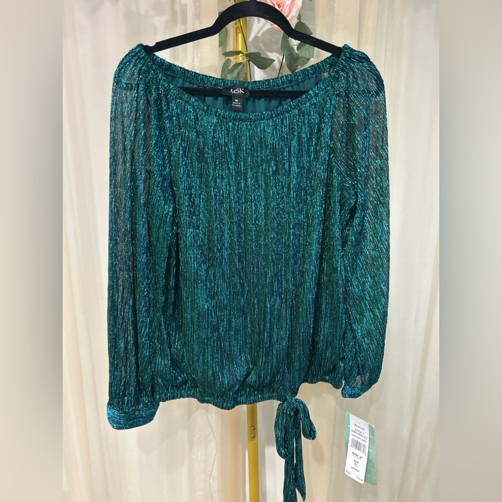 MSK Dazzling Jade Metallic Off Shoulder Blouse XL NWT Party Top